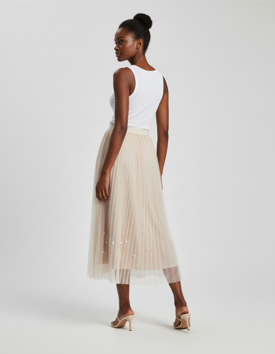 Jupe Longue Plissée Perles Élégante Chic