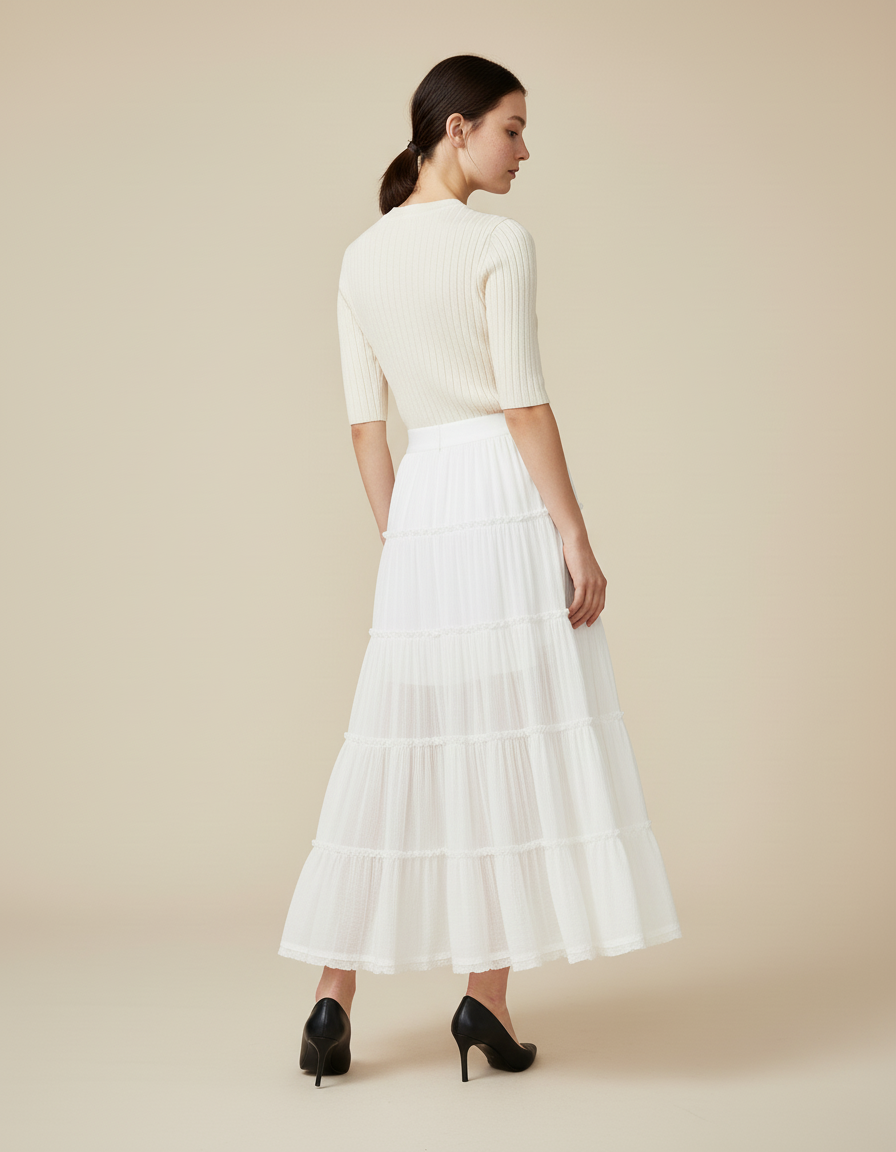 Jupe Longue Blanche À Volants Fluide Femme