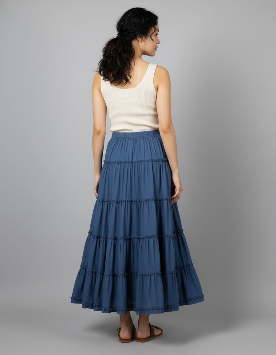 Jupe Longue Bleue À Volants Fluide