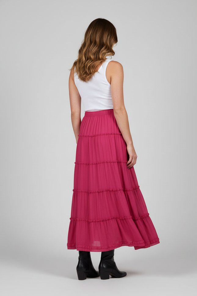 Jupe Longue Rose Fuchsia Volants Fluide