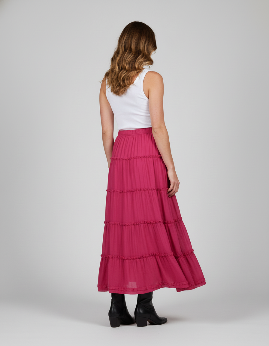 Jupe Longue Rose Fuchsia Volants Fluide