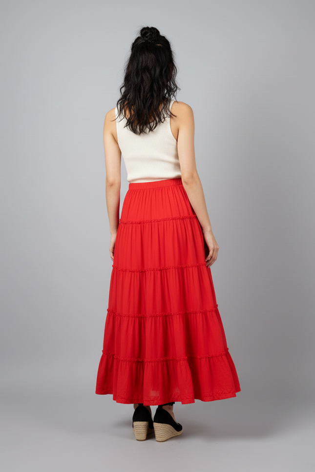 Jupe Longue Rouge À Volants Fluide