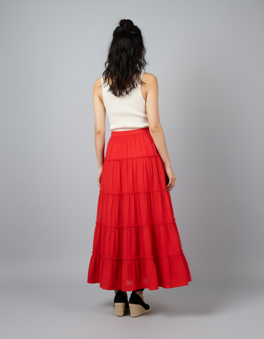 Jupe Longue Rouge À Volants Fluide
