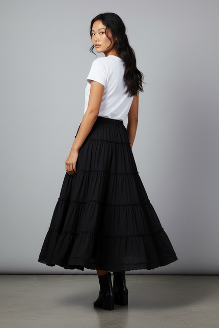 Jupe Longue Noire Fluide Volants