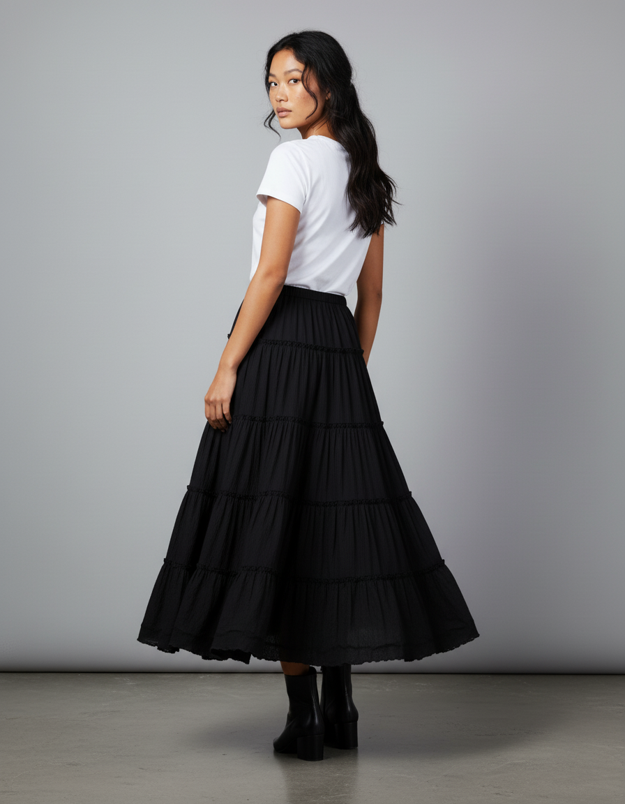 Jupe Longue Noire Fluide Volants