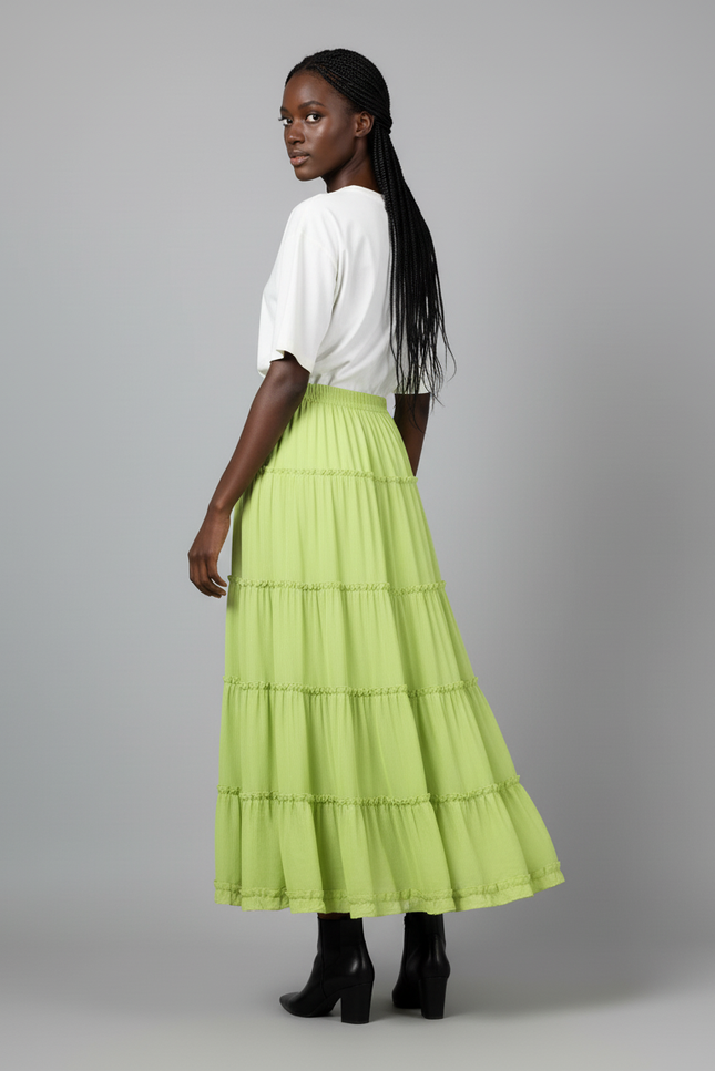 Jupe Longue Vert Citron À Volants Fluide