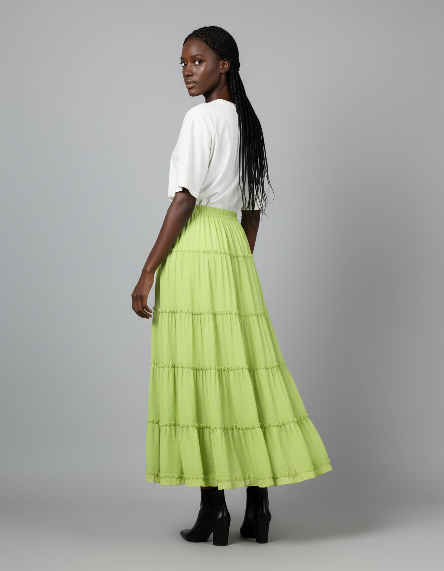 Jupe Longue Vert Citron À Volants Fluide