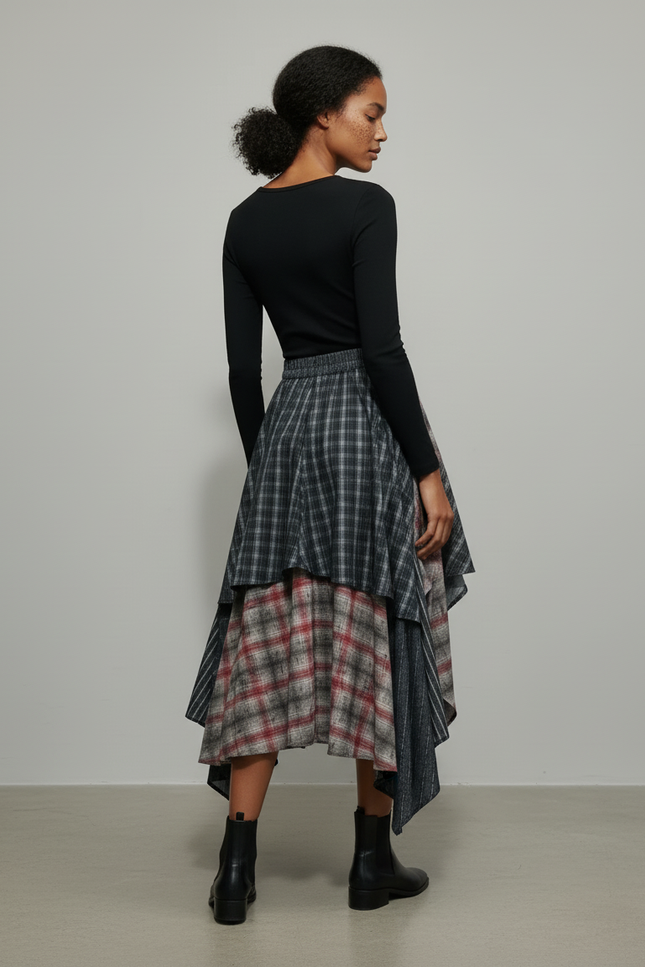 Jupe Longue Plaid Asymétrique Chic
