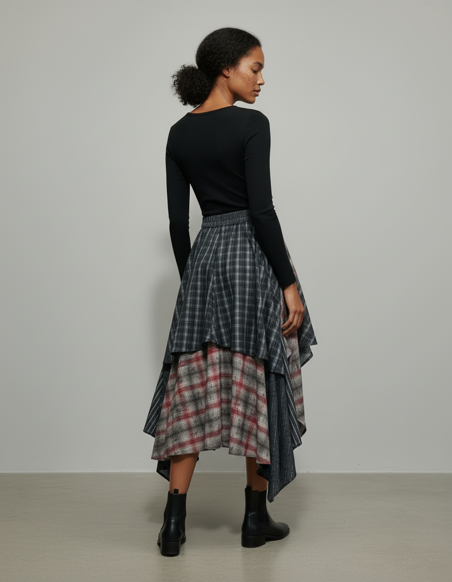 Jupe Longue Plaid Asymétrique Chic