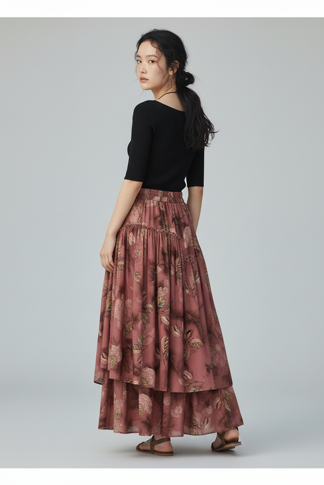 Jupe Longue Fleuri À Volants Bohème