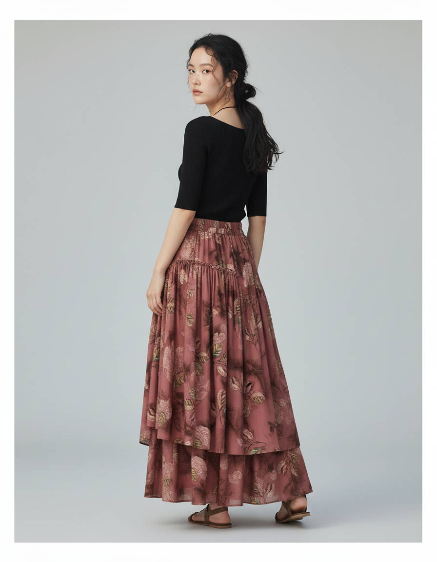 Jupe Longue Fleuri À Volants Bohème