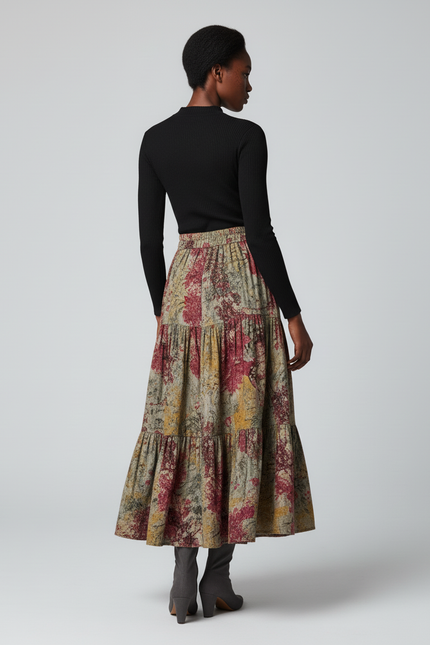 Jupe Longue Imprimée À Volants Bohème