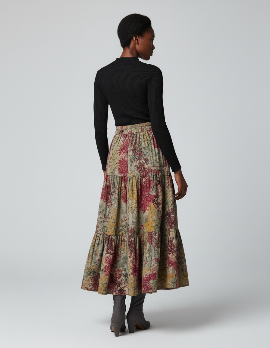 Jupe Longue Imprimée À Volants Bohème