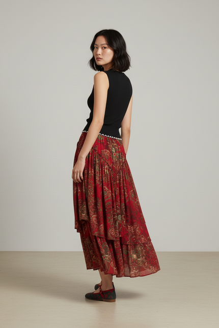 Jupe Longue Rouge À Volants Bohème
