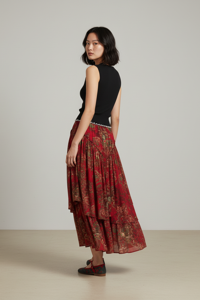 Jupe Longue Rouge À Volants Bohème