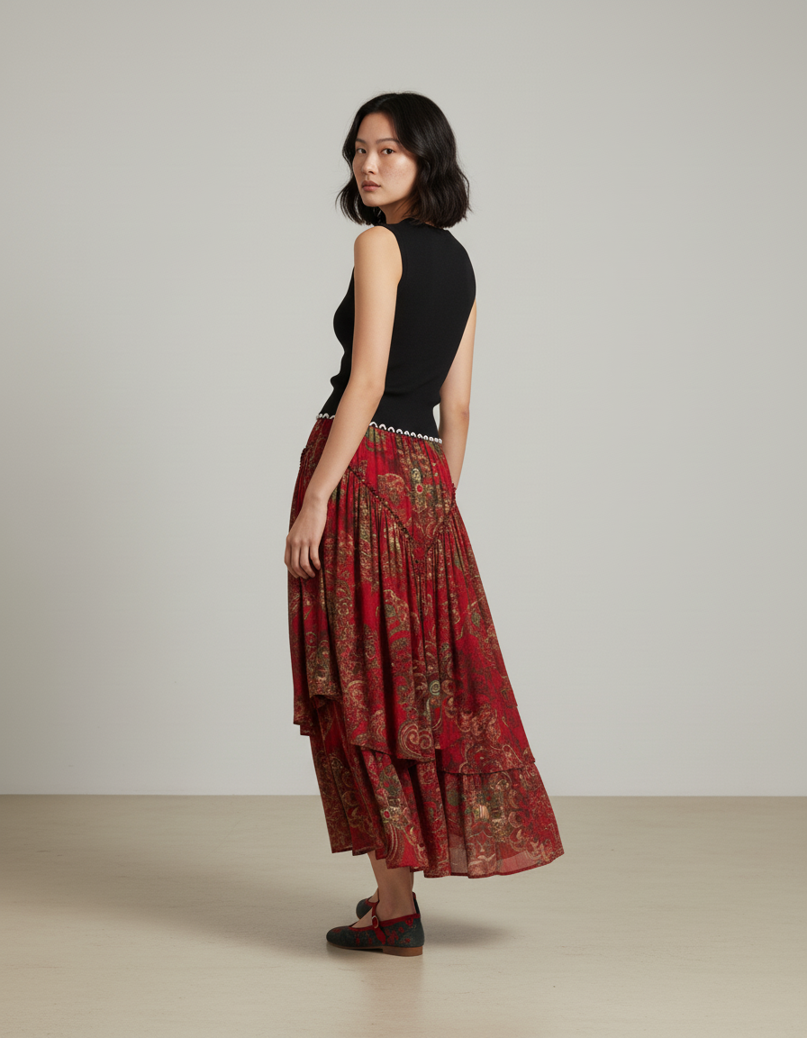 Jupe Longue Rouge À Volants Bohème