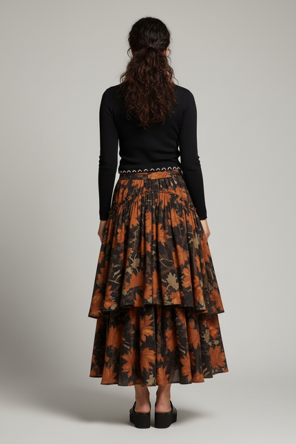 Jupe Longue Motif Feuilles Asymétrique Vintage