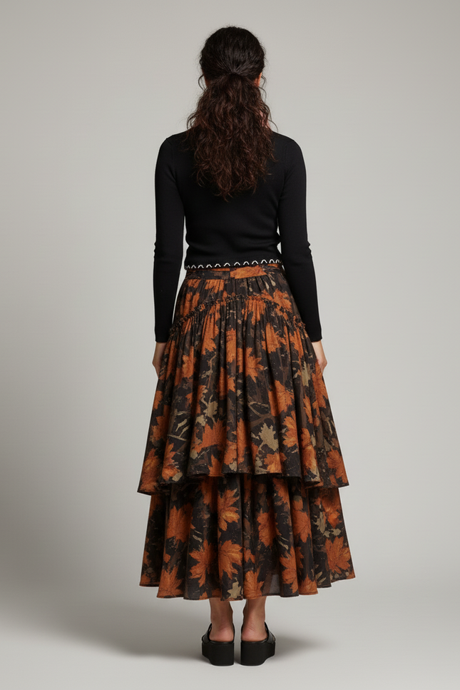 Jupe Longue Motif Feuilles Asymétrique Vintage