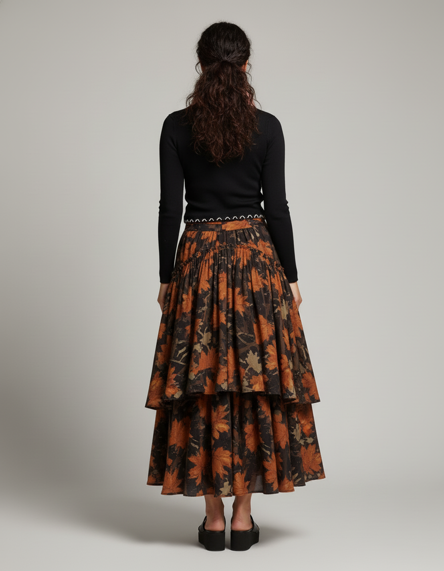 Jupe Longue Motif Feuilles Asymétrique Vintage