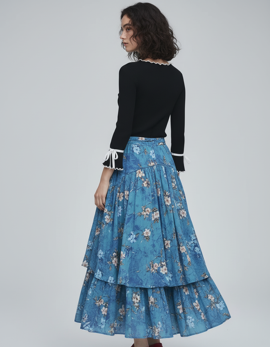 Jupe Longue Florale Bleue Bohème