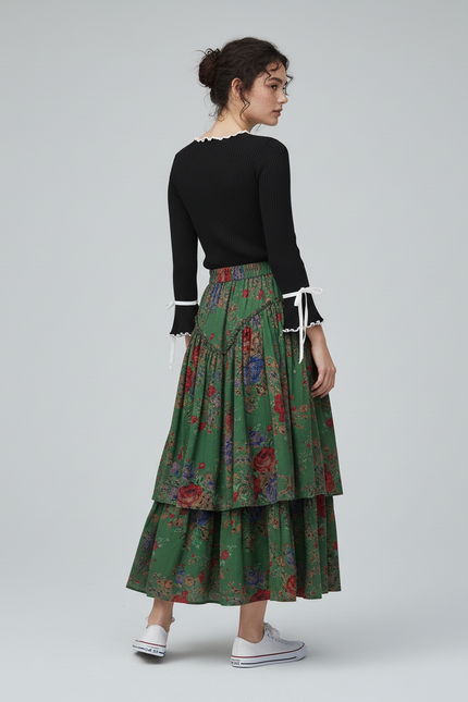 Jupe Longue Florale À Volants Bohème