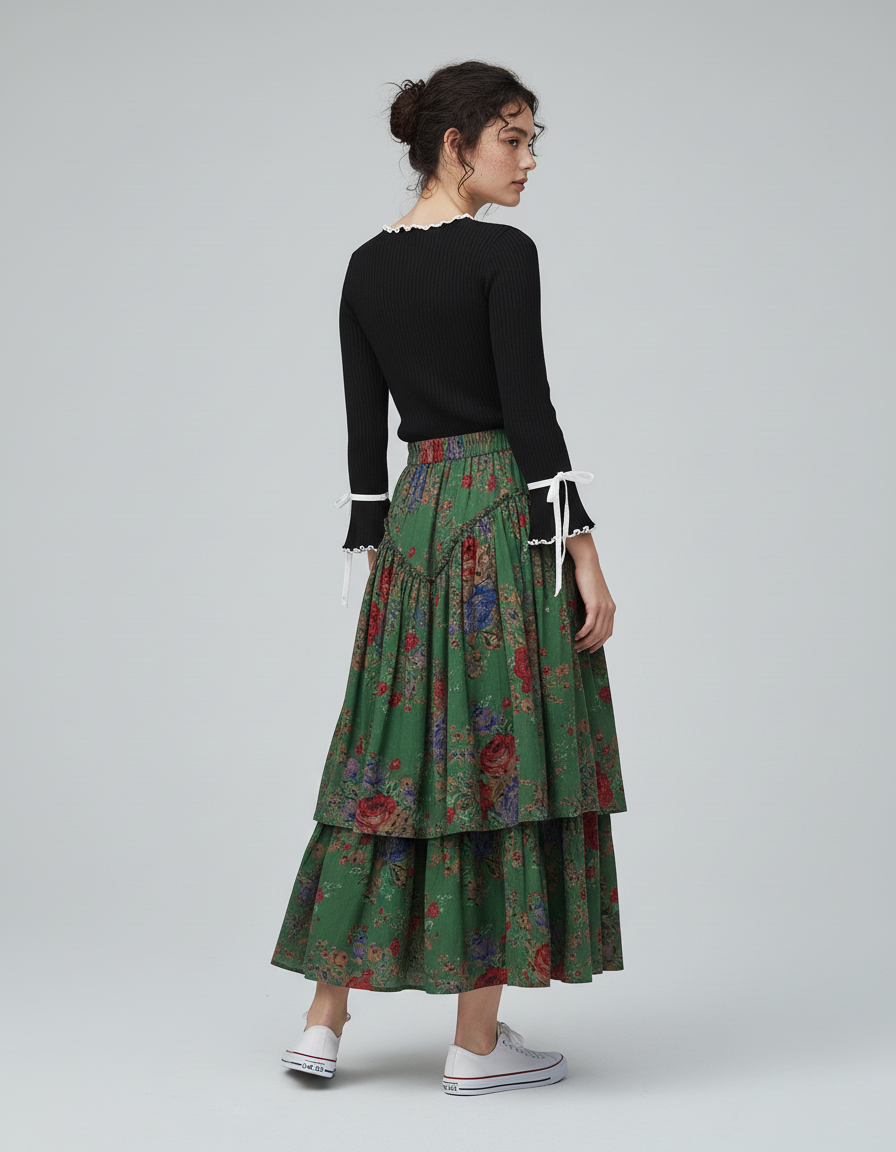 Jupe Longue Florale À Volants Bohème
