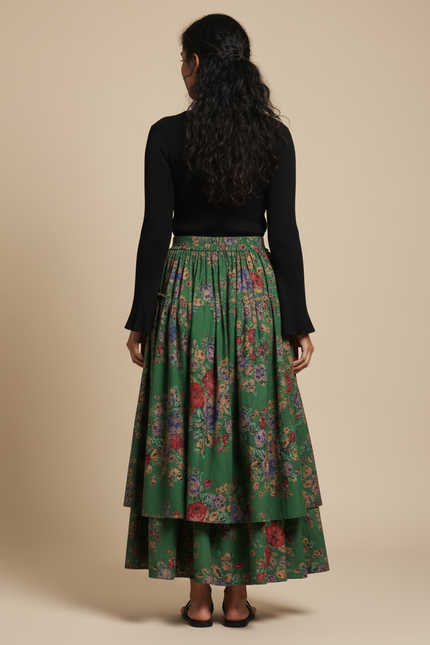 Jupe Longue Florale Étagée Rétro