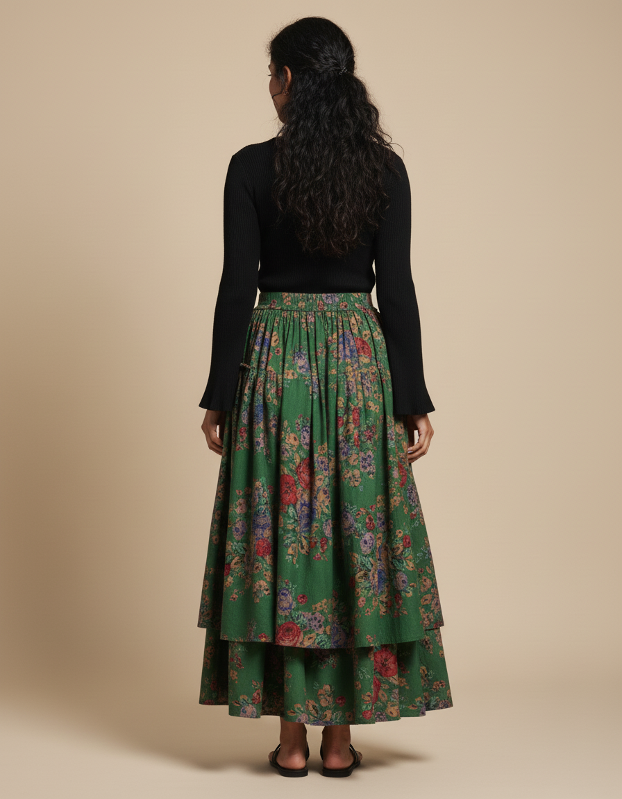 Jupe Longue Florale Étagée Rétro