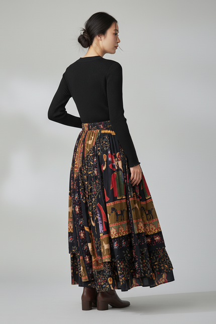 Jupe Longue Motif Floral Irrégulière Bohème