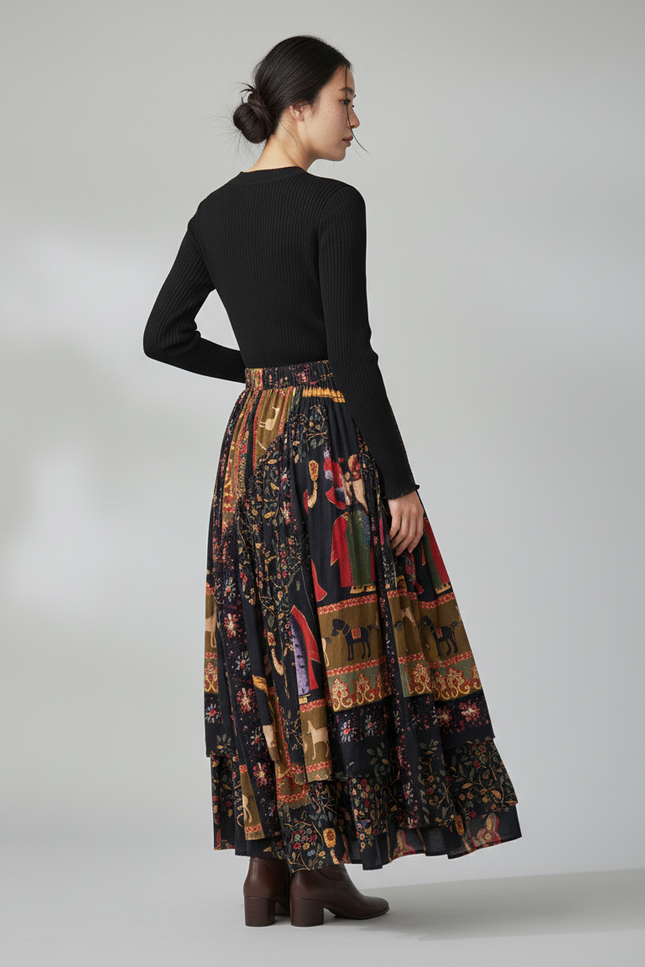 Jupe Longue Motif Floral Irrégulière Bohème