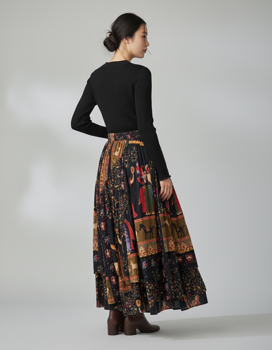 Jupe Longue Motif Floral Irrégulière Bohème