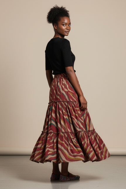 Jupe Longue Imprimée Zèbre À Volants Bohème