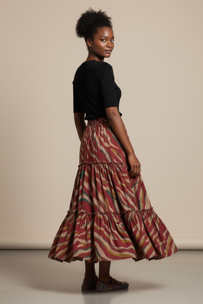 Jupe Longue Imprimée Zèbre À Volants Bohème