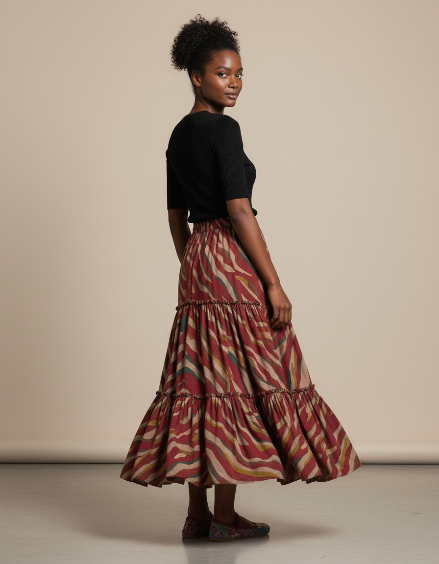 Jupe Longue Imprimée Zèbre À Volants Bohème