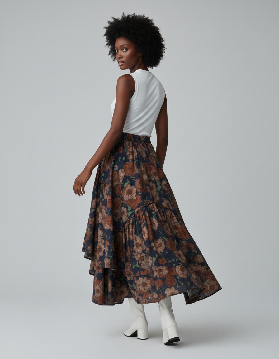 Jupe Longue Florale Asymétrique Bohème Femme