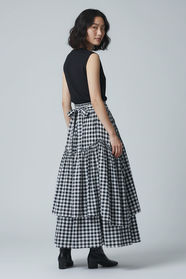Jupe Longue Carreaux Vichy À Volants Rétro