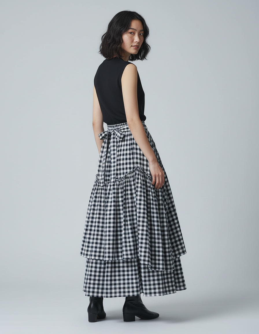 Jupe Longue Carreaux Vichy À Volants Rétro