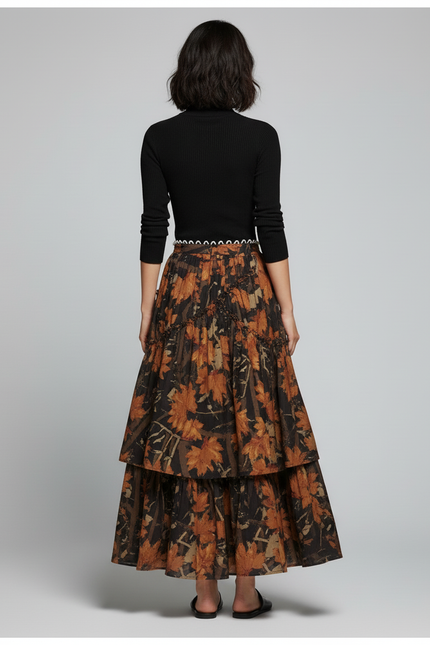 Jupe Longue Imprimé Floral À Volants Rétro