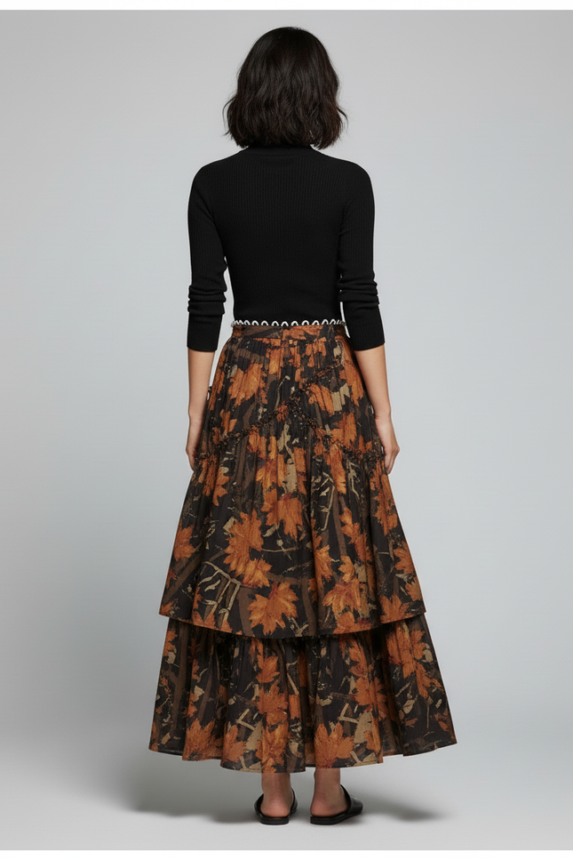 Jupe Longue Imprimé Floral À Volants Rétro