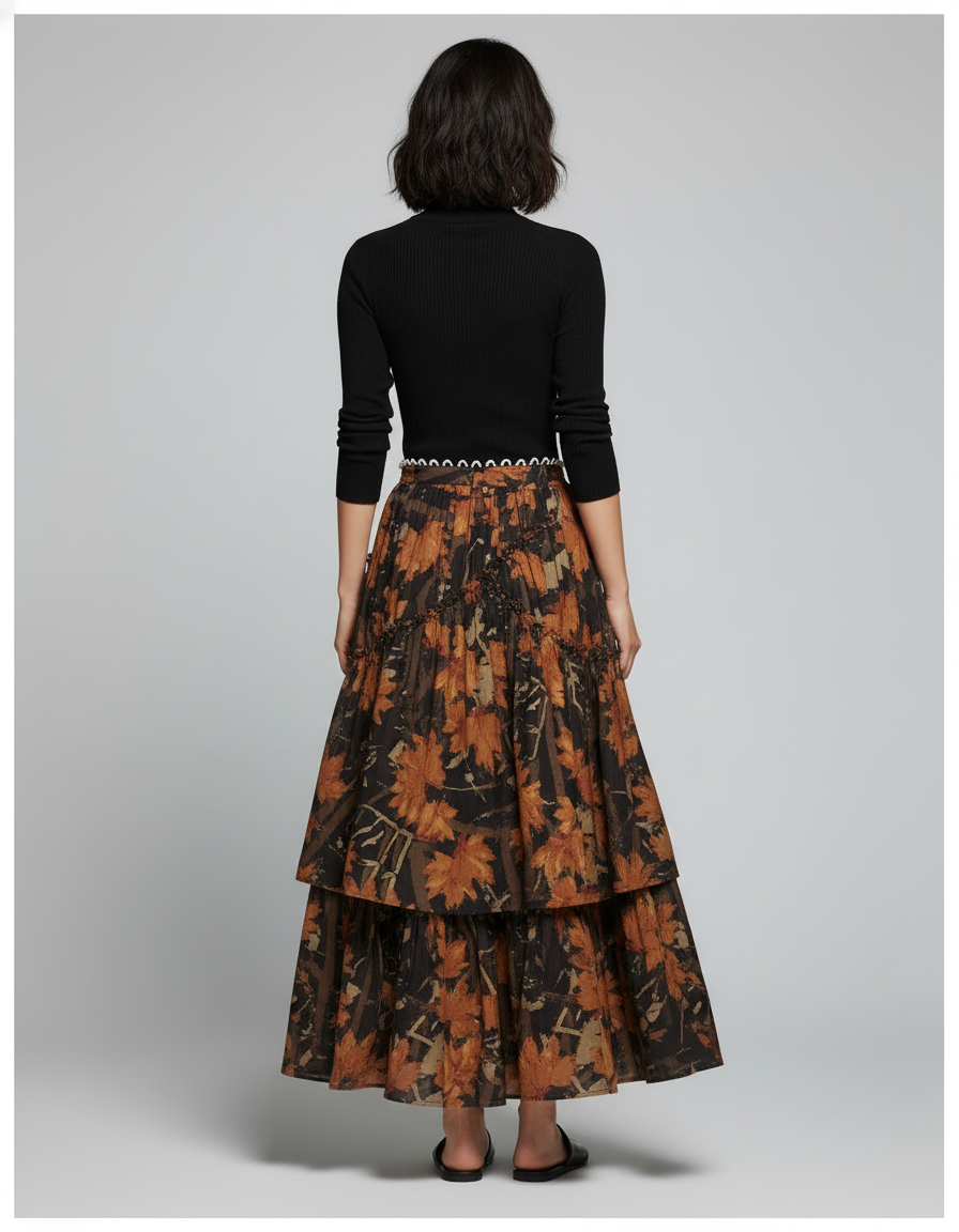 Jupe Longue Imprimé Floral À Volants Rétro