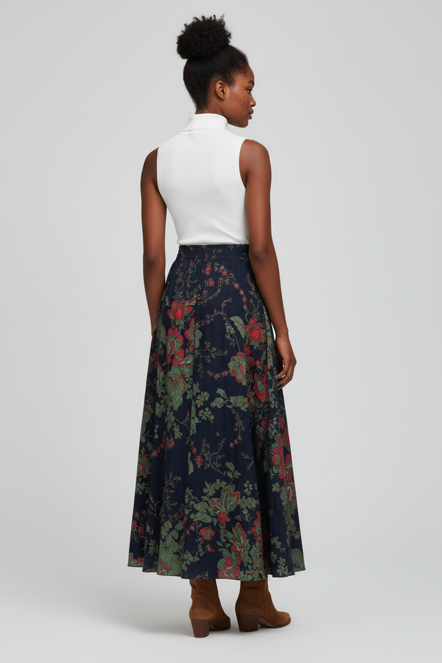 Jupe Longue Imprimé Floral Bleu Marine Vintage