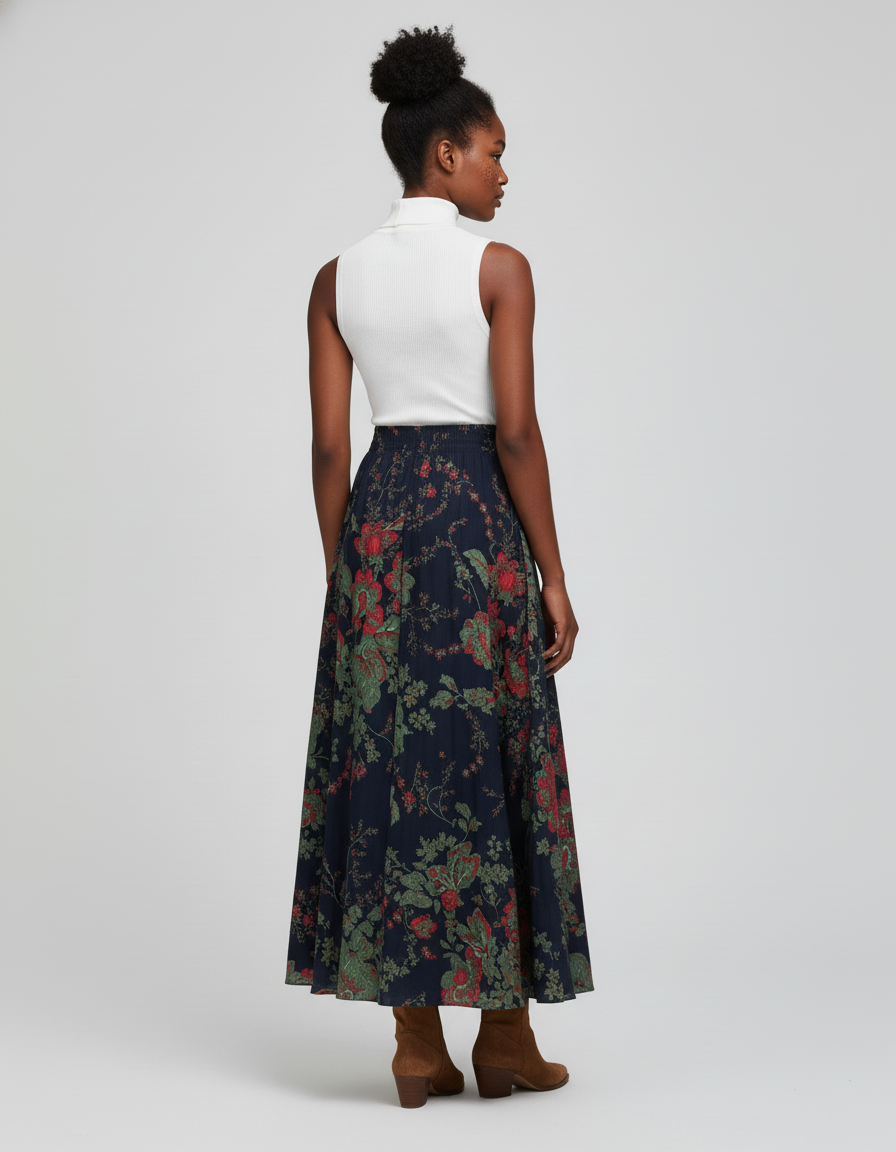 Jupe Longue Imprimé Floral Bleu Marine Vintage