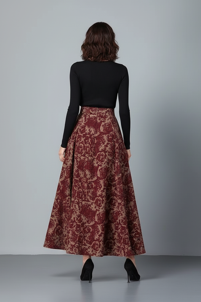 Jupe Longue Motif Floral Bordeaux Élégante