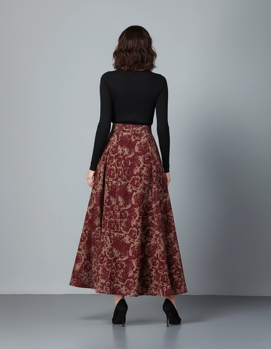 Jupe Longue Motif Floral Bordeaux Élégante