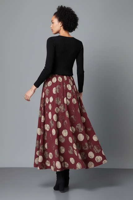 Jupe Longue Bordeaux Imprimée Cercles Fluide
