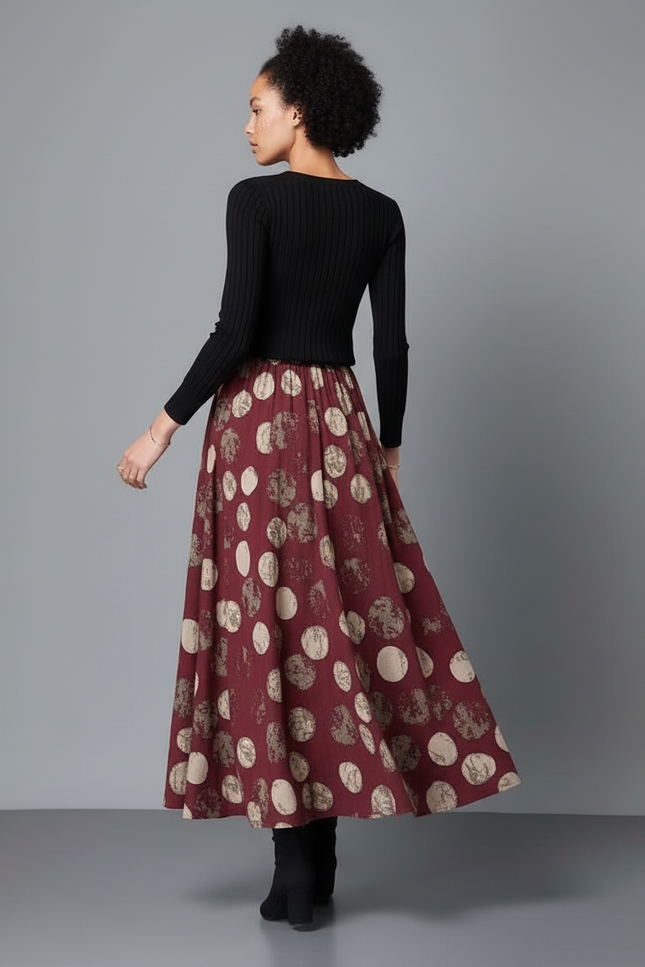 Jupe Longue Bordeaux Imprimée Cercles Fluide