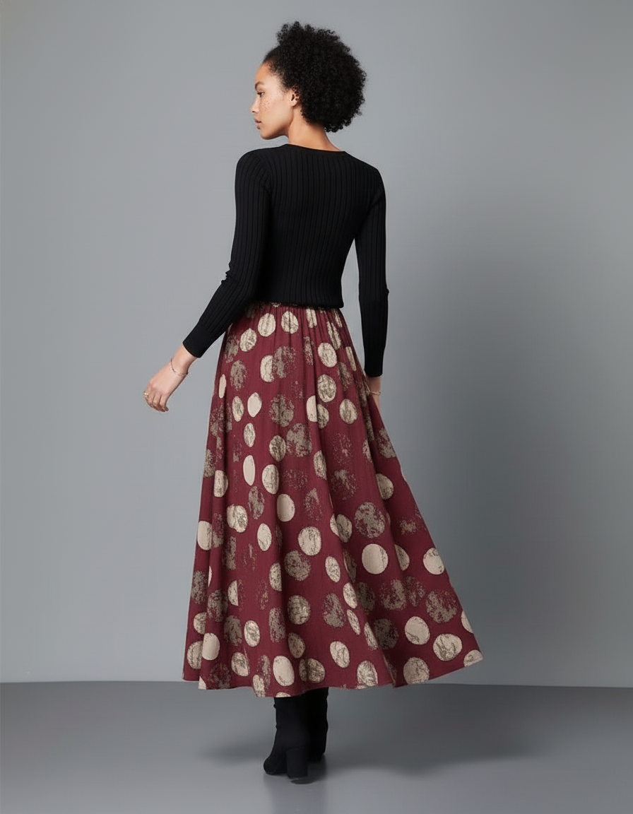 Jupe Longue Bordeaux Imprimée Cercles Fluide