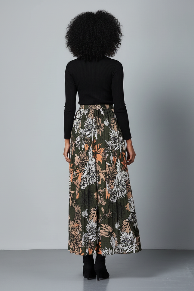 Jupe Longue Kaki Imprimée Florale Bohème