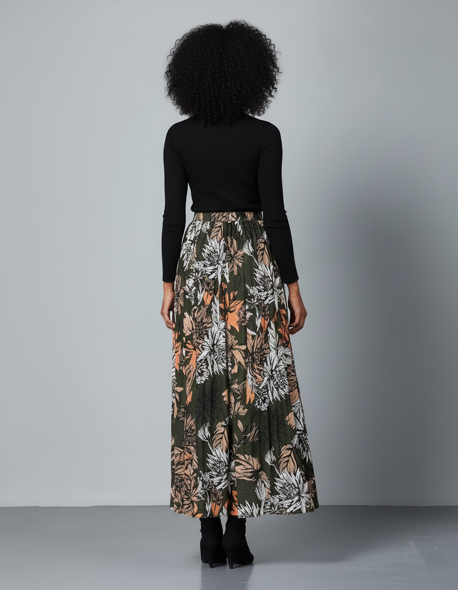 Jupe Longue Kaki Imprimée Florale Bohème