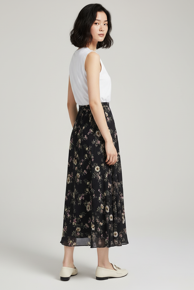 Jupe Longue Noire Florale Fluide Bohème
